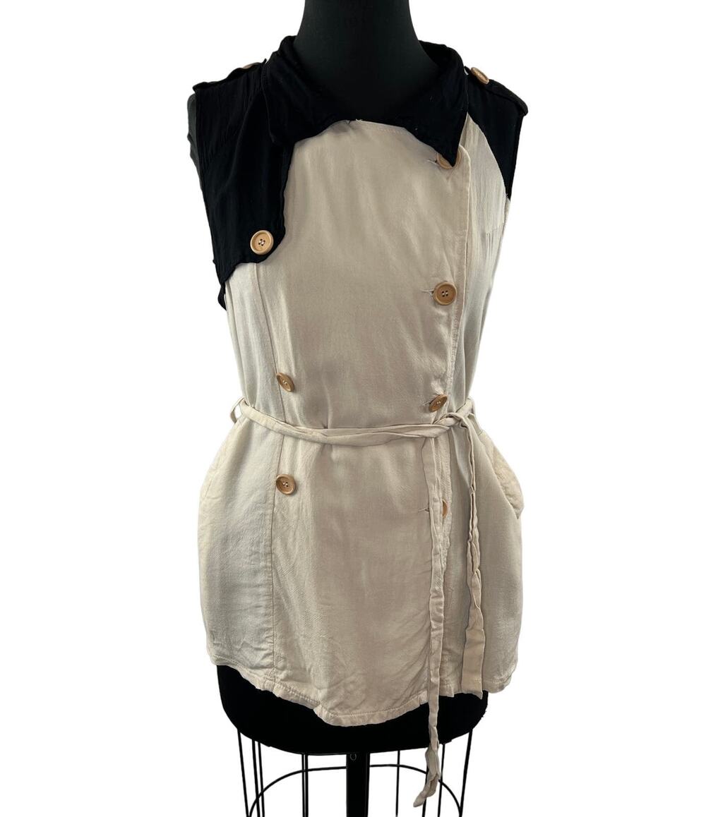 LUSH Beige Black Sleeveless Double Breasted Self Tie Belt Top with Pockets Sz S